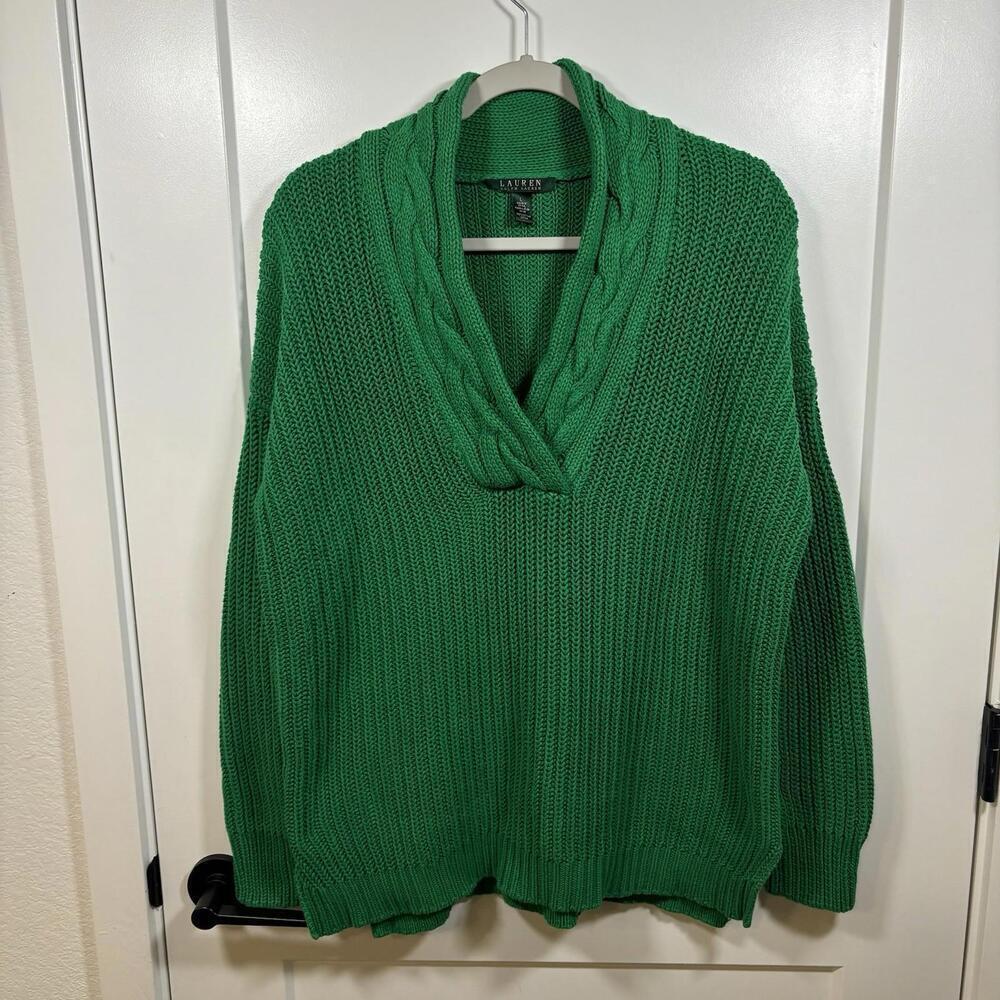 Women’s Lauren Ralph Lauren Chunky Knit Green Sweater Size L Preppy Old Money